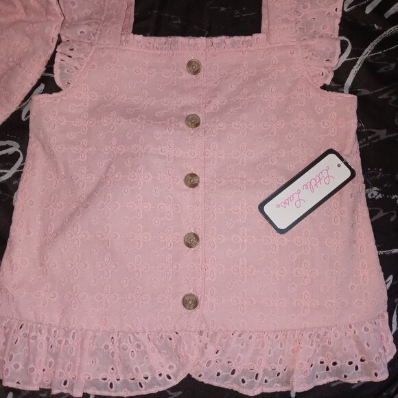 Little Lass 2 Pc Eyelet Fabric Cotton/Polyester Open Front Top/Shorts/Headband 5 - Picture 2 of 4